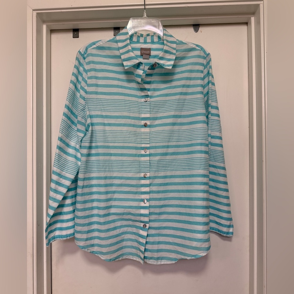 Chico’s blue/white striped button-up - size 2 (12/14)